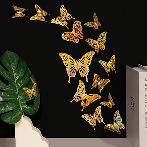 DELEMI 60 Pcs 3D Iridescent Gold Butterfly Decorations,Sequined Gold Room Decor with Set 5 Style Decorative Paper Butterfly for Party Birthday Baby Shower Decorations Wedding Decor DIY Gift((Sequined Gold) - Image 2