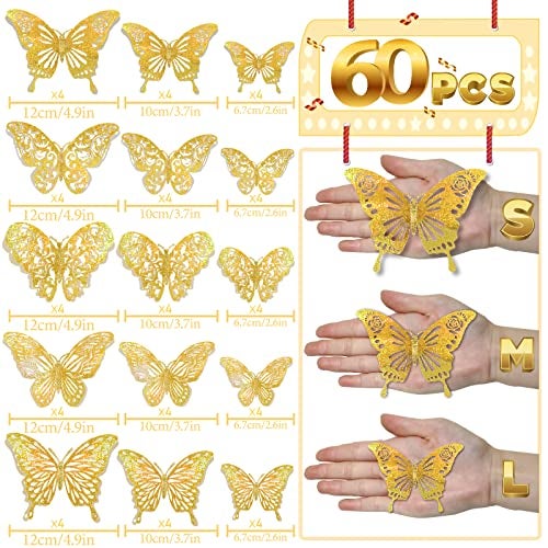 DELEMI 60 Pcs 3D Iridescent Gold Butterfly Decorations,Sequined Gold Room Decor with Set 5 Style Decorative Paper Butterfly for Party Birthday Baby Shower Decorations Wedding Decor DIY Gift((Sequined Gold) - Image 5