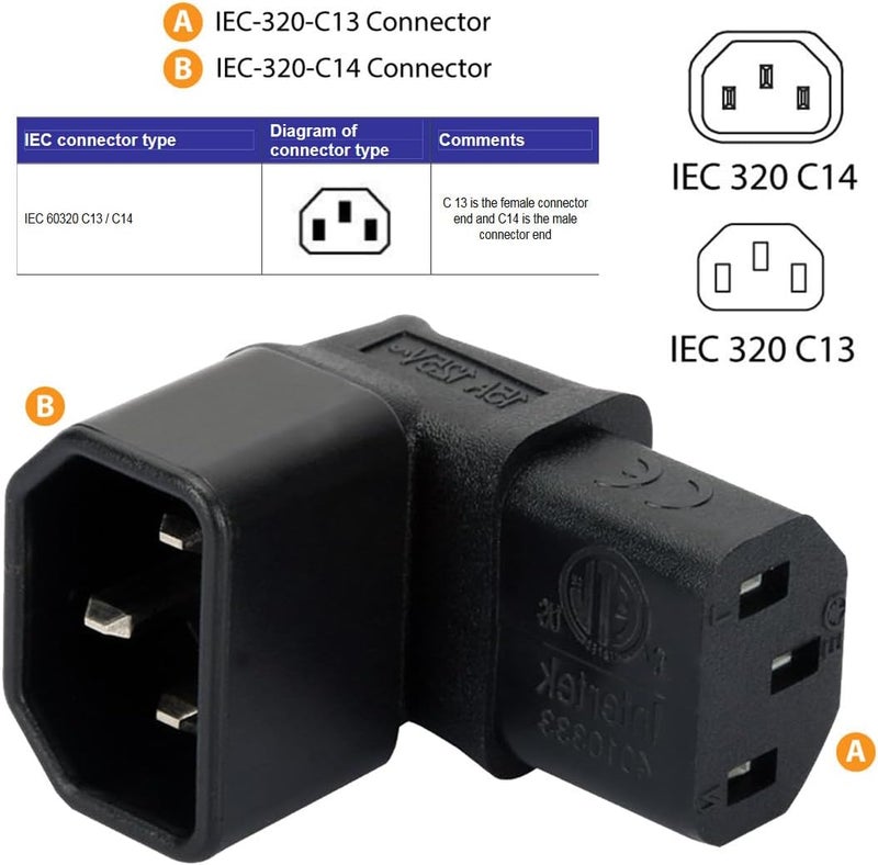 تشينيانغ محول تمديد الطاقة من ذكر IEC C14 إلى أنثى IEC C13 بزاوية 90 درجة اتجاه لأعلى من CY - Image 2