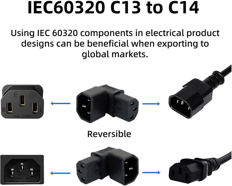 تشينيانغ محول تمديد الطاقة من ذكر IEC C14 إلى أنثى IEC C13 بزاوية 90 درجة اتجاه لأعلى من CY - Image 3