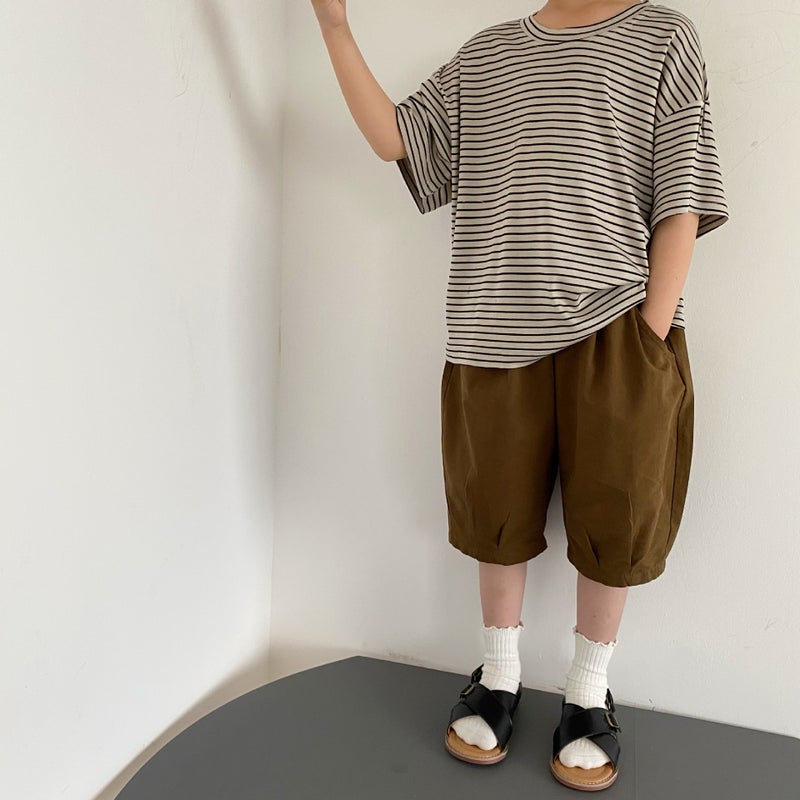 Gl-Kids Korean Children'S Cool Tencel Striped Short-Sleeved T-Shirt Loose All-Match Base Shirt For Men And Women - Image 4