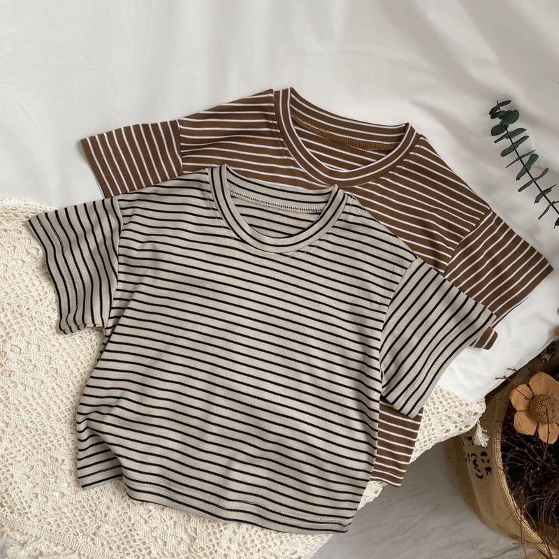 Gl-Kids Korean Children'S Cool Tencel Striped Short-Sleeved T-Shirt Loose All-Match Base Shirt For Men And Women - Image 2