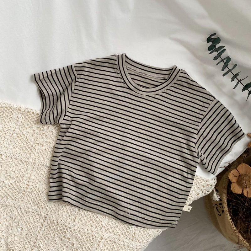 Gl-Kids Korean Children'S Cool Tencel Striped Short-Sleeved T-Shirt Loose All-Match Base Shirt For Men And Women - Image 1