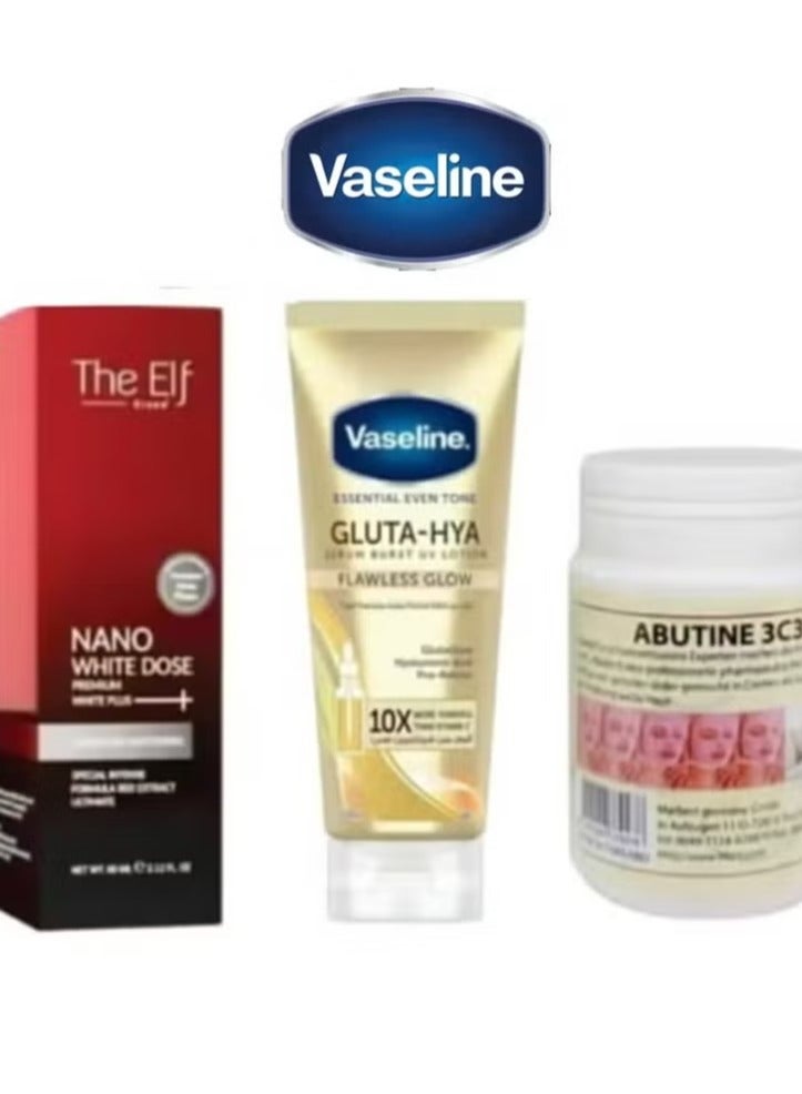 Vaseline Gluta Hyaluronic Acid Serum Burst Lotion 200ml & The Elf Nano Whitening and Renewal Abutine 3C3 Cream Set