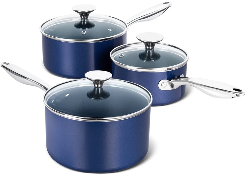 MICHELANGELO Sauce Pan Sets Ceramic Saucepans with Lids 1Qt  2Qt  3Qt Sauce Pans with Lid Nonstick Saucepan Set Small Pot with Stainless Steel Handle Oven Safe Blue