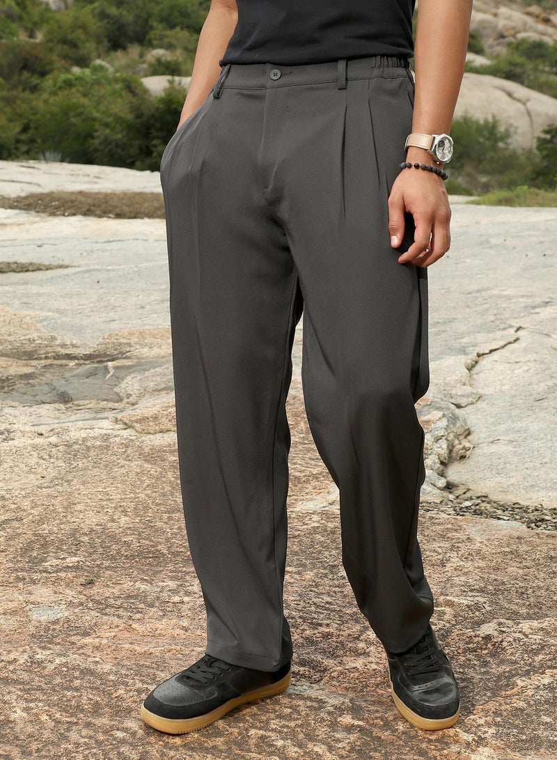 Campus Sutra Campus Sutra Men's Charcoal Grey Pleated Straight-Fit Tailoured Trousers | Mid-Rise , Straight Hem , Button Closure | Solid Plain | Polyester Blend Trousers For Formal & Office Wear  - Image 1