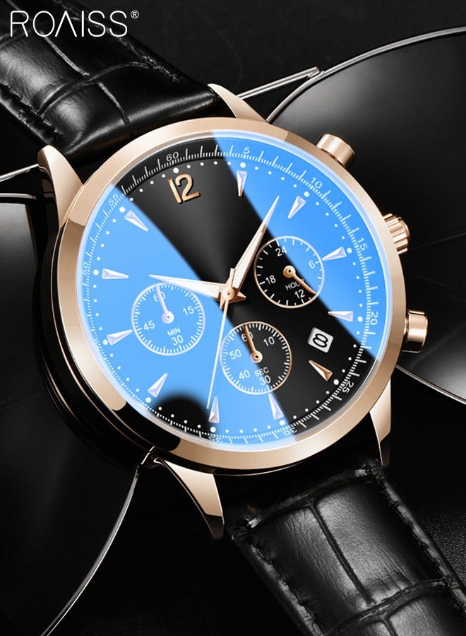 رويس ساعة كرونوغراف كوارتز بحزام جلدي للرجال، ساعة بقرص دائري مضيئ، ساعة يد مقاومة للماء مع عرض التقويم كهدية للرجال، أسود - Image 2