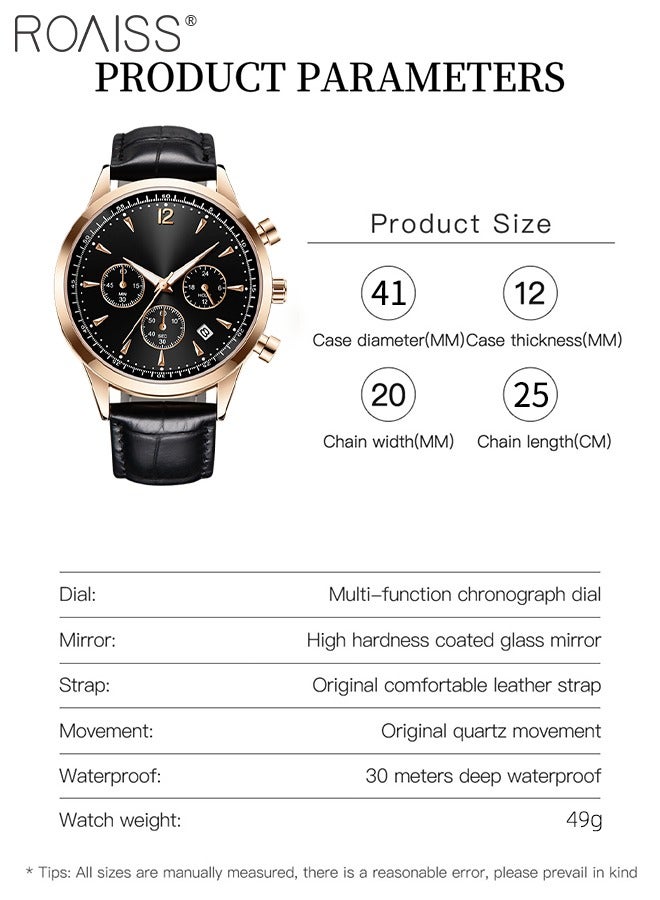 رويس ساعة كرونوغراف كوارتز بحزام جلدي للرجال، ساعة بقرص دائري مضيئ، ساعة يد مقاومة للماء مع عرض التقويم كهدية للرجال، أسود - Image 3