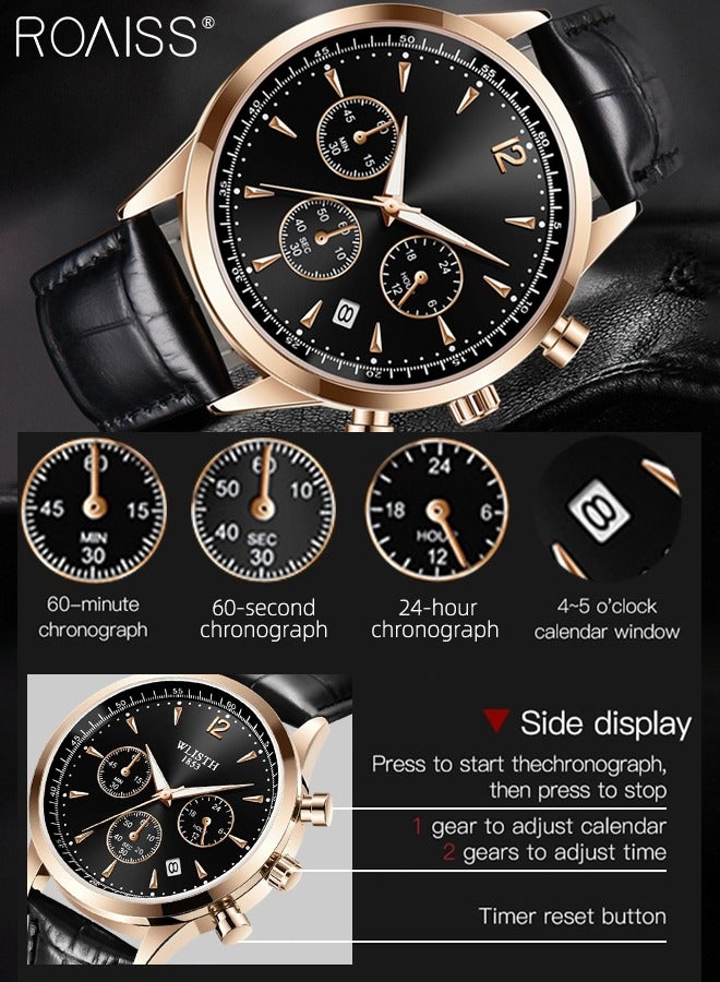 رويس ساعة كرونوغراف كوارتز بحزام جلدي للرجال، ساعة بقرص دائري مضيئ، ساعة يد مقاومة للماء مع عرض التقويم كهدية للرجال، أسود - Image 4