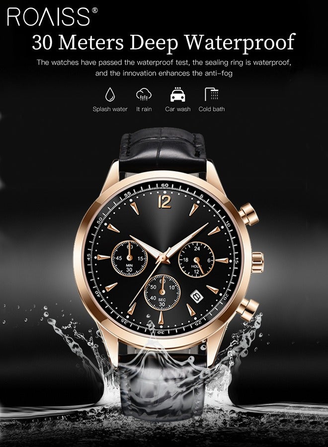 رويس ساعة كرونوغراف كوارتز بحزام جلدي للرجال، ساعة بقرص دائري مضيئ، ساعة يد مقاومة للماء مع عرض التقويم كهدية للرجال، أسود - Image 5
