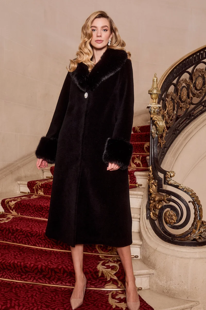 Sunset Boulevard' Long Wool Coat with Faux Fur Collar in Black