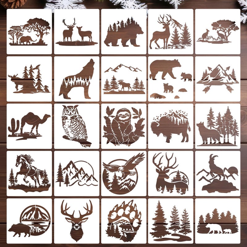 SUNVERSE Forest Animal Stencils Bear Deer Stencils for Wood Burning Reusable Wildlife Mountain Pine Tree Stencil for Painting on Wood Wall Fabrics DIY Crafts - Image 1