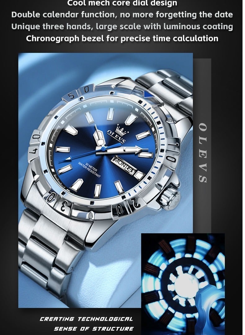 OLEVS Watches for Men Quartz Stainless Steel Water Resistant Watch Business 42mm Sliver Blue Quartz Watches - Image 2