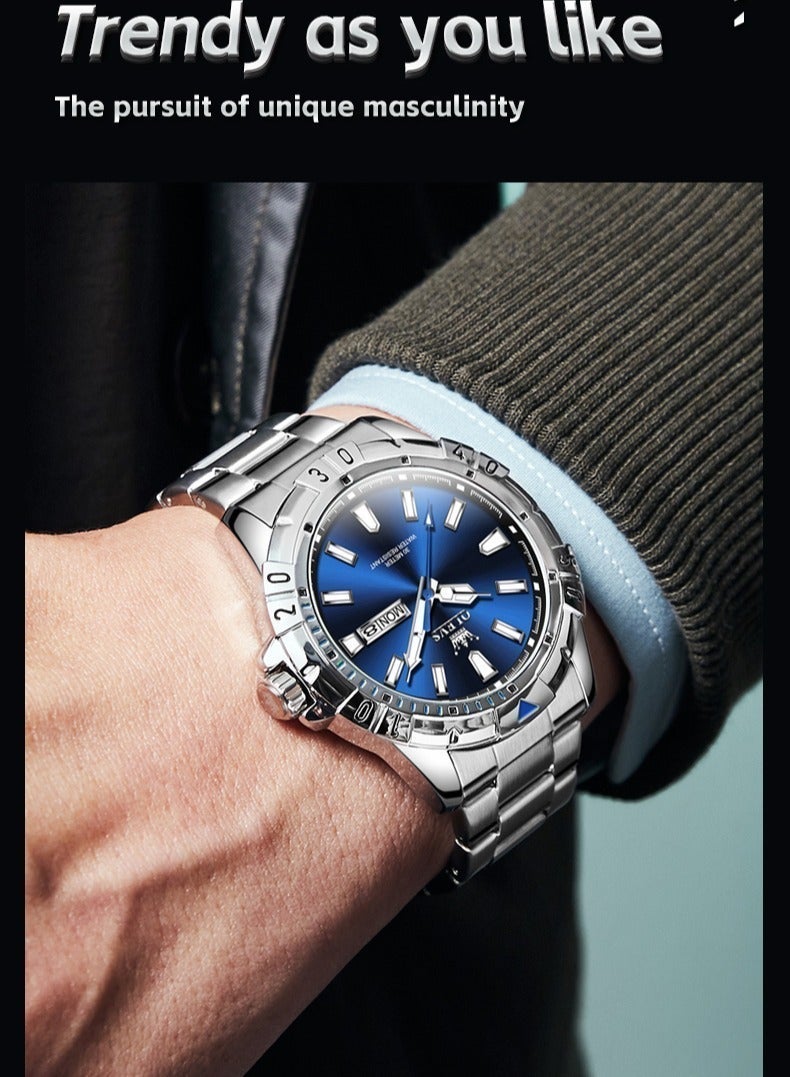 OLEVS Watches for Men Quartz Stainless Steel Water Resistant Watch Business 42mm Sliver Blue Quartz Watches - Image 4