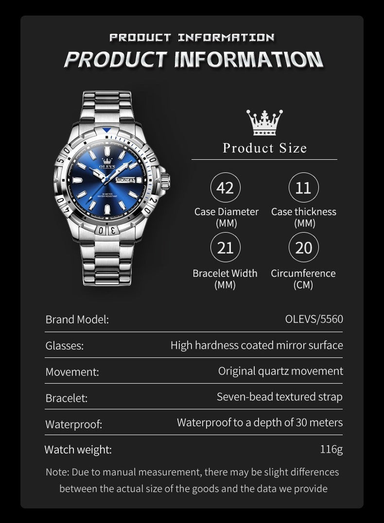 OLEVS Watches for Men Quartz Stainless Steel Water Resistant Watch Business 42mm Sliver Blue Quartz Watches - Image 5