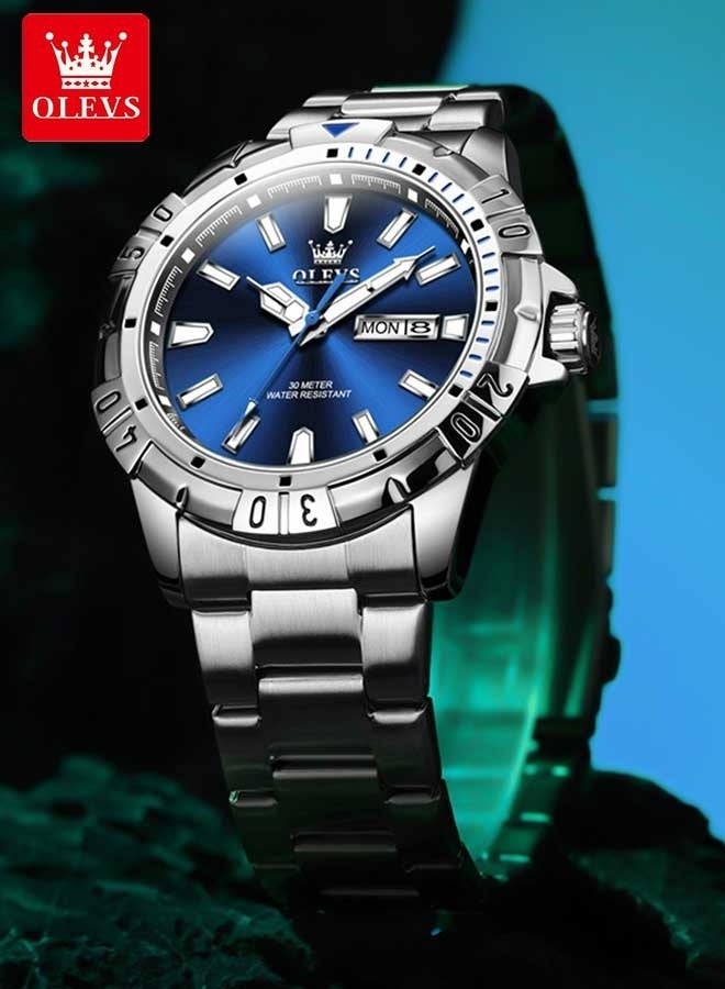 OLEVS Watches for Men Quartz Stainless Steel Water Resistant Watch Business 42mm Sliver Blue Quartz Watches - Image 1