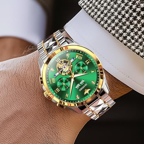 OUPINKE Men's Automatic Watch 44mm Big Dial,Luxury Mechanical Wristwatch,Sapphire Crystal Glass,50M Waterproof, Tungsten Steel with Date Display (Green Dial,Two Tone Tungsten Steel Strap) - Image 3