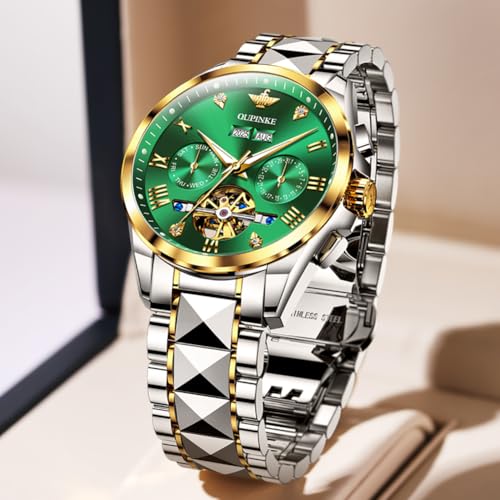 OUPINKE Men's Automatic Watch 44mm Big Dial,Luxury Mechanical Wristwatch,Sapphire Crystal Glass,50M Waterproof, Tungsten Steel with Date Display (Green Dial,Two Tone Tungsten Steel Strap) - Image 4