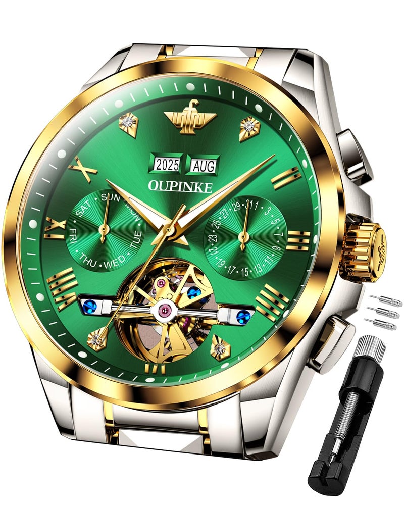 OUPINKE Men's Automatic Watch 44mm Big Dial,Luxury Mechanical Wristwatch,Sapphire Crystal Glass,50M Waterproof, Tungsten Steel with Date Display (Green Dial,Two Tone Tungsten Steel Strap) - Image 1
