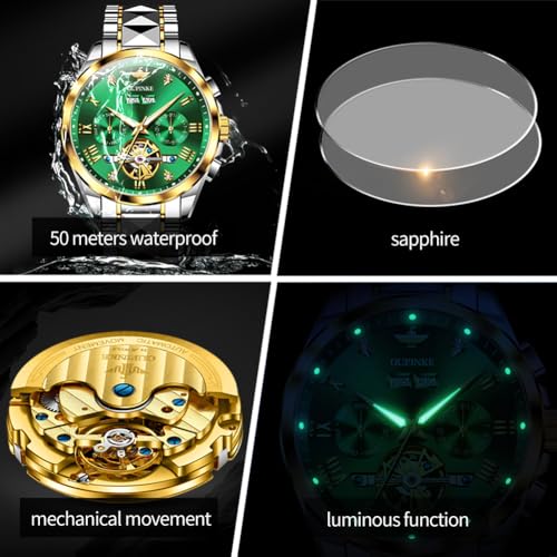 OUPINKE Men's Automatic Watch 44mm Big Dial,Luxury Mechanical Wristwatch,Sapphire Crystal Glass,50M Waterproof, Tungsten Steel with Date Display (Green Dial,Two Tone Tungsten Steel Strap) - Image 5