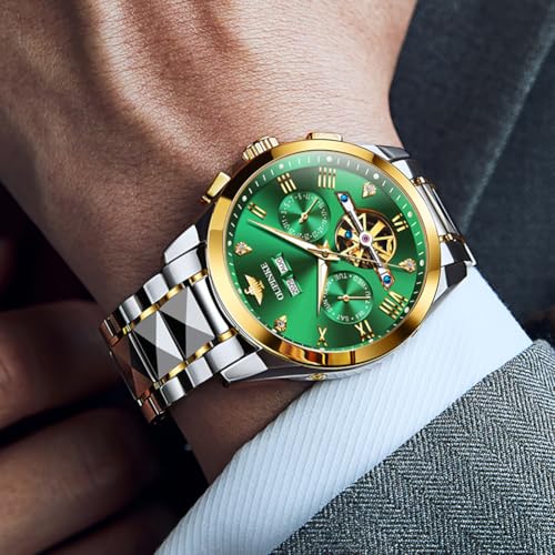 OUPINKE Men's Automatic Watch 44mm Big Dial,Luxury Mechanical Wristwatch,Sapphire Crystal Glass,50M Waterproof, Tungsten Steel with Date Display (Green Dial,Two Tone Tungsten Steel Strap) - Image 2