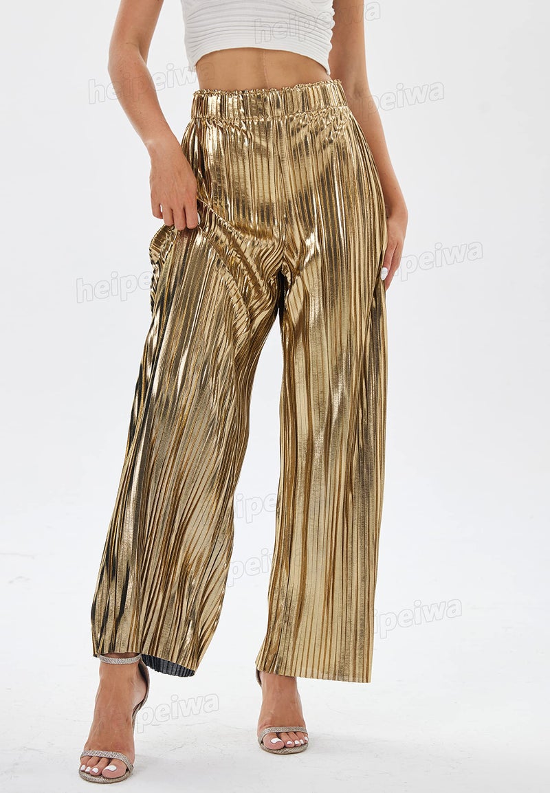heipeiwa Women's Shiny Pleated Wide Leg Pants Party Nightout High Waist Trouser Folded Lightweight Outfit Clubwear Gold - Image 5