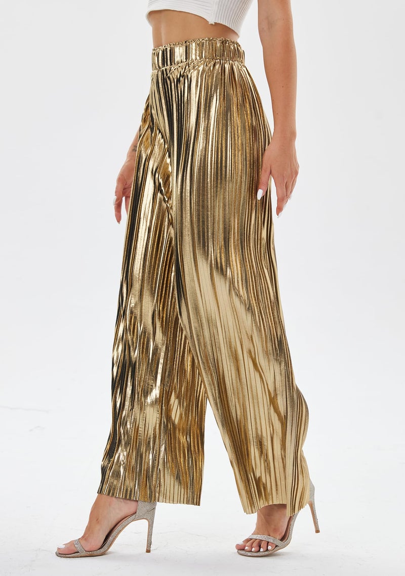 heipeiwa Women's Shiny Pleated Wide Leg Pants Party Nightout High Waist Trouser Folded Lightweight Outfit Clubwear Gold - Image 4