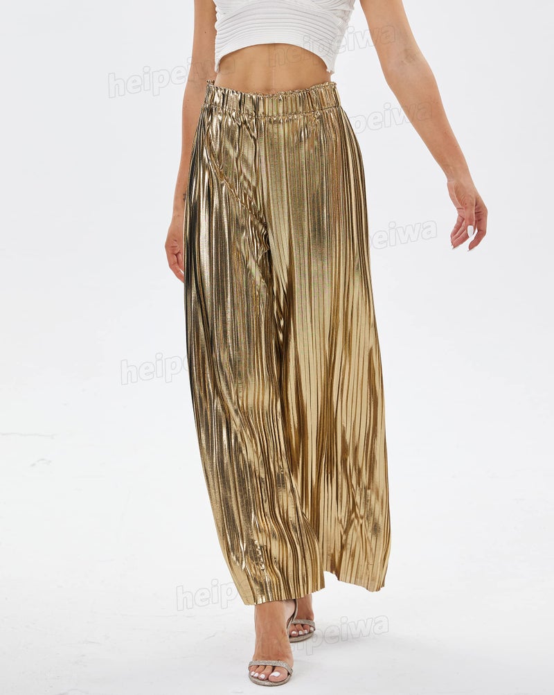 heipeiwa Women's Shiny Pleated Wide Leg Pants Party Nightout High Waist Trouser Folded Lightweight Outfit Clubwear Gold - Image 2