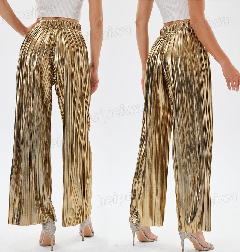 heipeiwa Women's Shiny Pleated Wide Leg Pants Party Nightout High Waist Trouser Folded Lightweight Outfit Clubwear Gold - Image 3