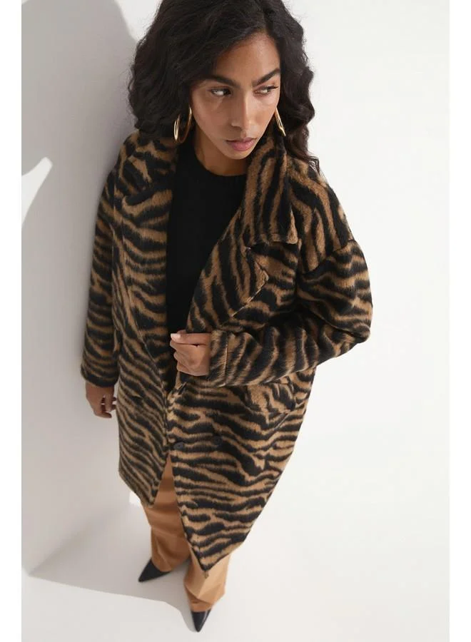 JUNE June Zebra Pattern Coat Black - Brown