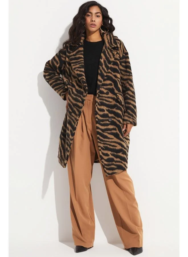 JUNE June Zebra Pattern Coat Black - Brown