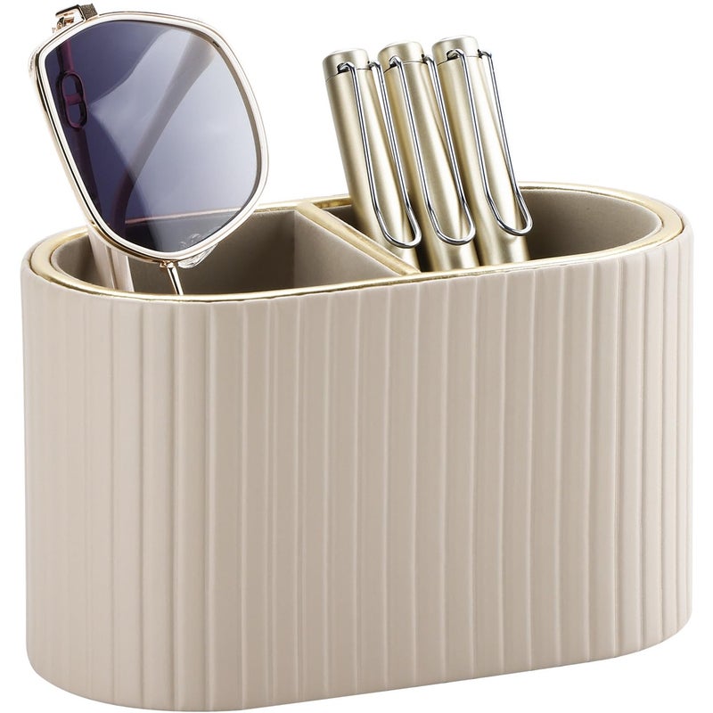KINGFOM PU Leather Desk Organizer Pen Holder â€“ Dual-Compartment Stylish Pencil Cup Remote Control Holder Desktop Supplies and Accessories Organizer Caddy for Office Home School (Mocha Beige) - Image 1