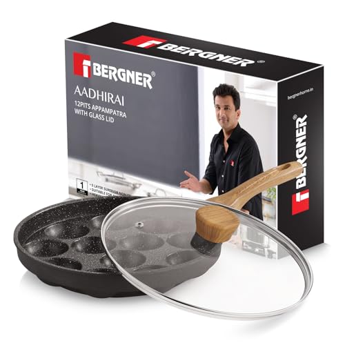 Bergner Aadhirai Cast Aluminium 12 Pits (24cm) Appam Patra with Glass Lid, Non-Stick Coated Appe Maker/Appe Pan, PFOA Free, Wooden Finish Soft Touch Handle, Healthy Cooking - Gas Stove Compatible - Image 1