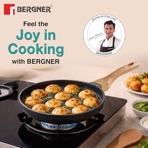Bergner Aadhirai Cast Aluminium 12 Pits (24cm) Appam Patra with Glass Lid, Non-Stick Coated Appe Maker/Appe Pan, PFOA Free, Wooden Finish Soft Touch Handle, Healthy Cooking - Gas Stove Compatible - Image 3