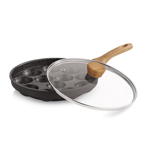 Bergner Aadhirai Cast Aluminium 12 Pits (24cm) Appam Patra with Glass Lid, Non-Stick Coated Appe Maker/Appe Pan, PFOA Free, Wooden Finish Soft Touch Handle, Healthy Cooking - Gas Stove Compatible - Image 2