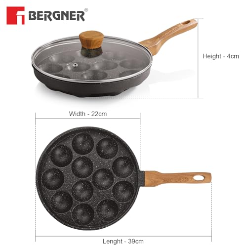 Bergner Aadhirai Cast Aluminium 12 Pits (24cm) Appam Patra with Glass Lid, Non-Stick Coated Appe Maker/Appe Pan, PFOA Free, Wooden Finish Soft Touch Handle, Healthy Cooking - Gas Stove Compatible - Image 4