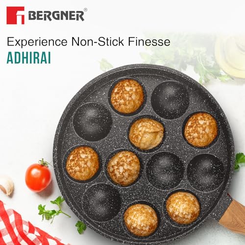 Bergner Aadhirai Cast Aluminium 12 Pits (24cm) Appam Patra with Glass Lid, Non-Stick Coated Appe Maker/Appe Pan, PFOA Free, Wooden Finish Soft Touch Handle, Healthy Cooking - Gas Stove Compatible - Image 5