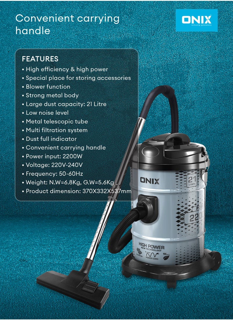 ONIX - VACUUM CLEANER 21 LTR - Powerful 2200W Input, Large 21 Liter Dust Capacity, Blower Function, and Convenient Carrying Handle- Grey - Image 1