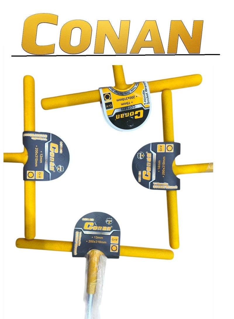 CONAN T-Handle Socket Wrench Set – 4 Pcs (12 mm / 13 mm / 14 mm / 15 mm) – Size 200×310 mm – Heavy-Duty Cr-V Steel – Non-Slip Coated Handle – Professional Workshop Design – Models COT5812 / COT5813 / COT5814 / COT5815 - Image 2