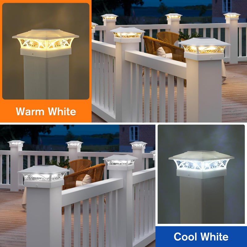 APONUO Solar Post Cap Lights 12 Pack - 4x4 5x5 6x6 Fence Post Lights, Auto On/Off, Waterproof IP64, 2-Mode (Warm/Cool White), Deck Patio Yard Solar Light for Wood & Vinyl Posts, White - Image 2