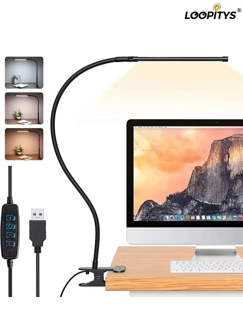LOOPITYS 10W LED Desk Lamp with Clamp Dimmable Clip On Reading Light 10 Brightness Level 3 Lighting Modes Flexible Study Table Lamp USB - Image 1