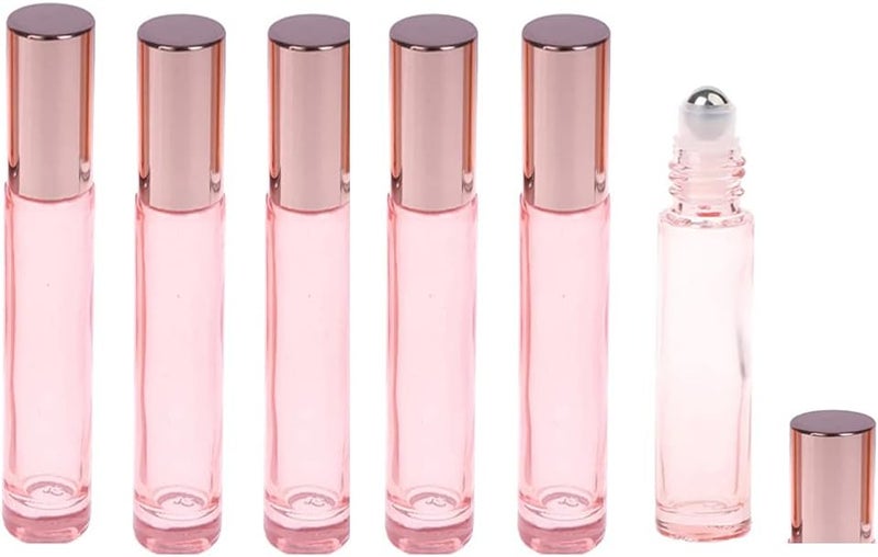 Lokusel 6 Pcs 10ml Glass Roll On Bottle,Empty Refillable Roller Bottles Vials with Stainless Steel Roller Ball and Rose Gold Cap for Essential Oils Perfumes and Lip Balms Liquid Cosmetic Container, Pink,