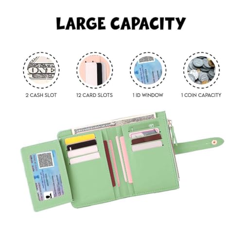 Elios Women's Wallet Vegan Leather Bifold Small Card Holder Coin Holder Compact Ladies Purse with 12 Card Slots, Zipper Pocket and RFID Blocking | Snap Closure | Mini Purse for Women (Light Green) - Image 4