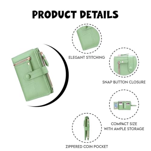 Elios Women's Wallet Vegan Leather Bifold Small Card Holder Coin Holder Compact Ladies Purse with 12 Card Slots, Zipper Pocket and RFID Blocking | Snap Closure | Mini Purse for Women (Light Green) - Image 3