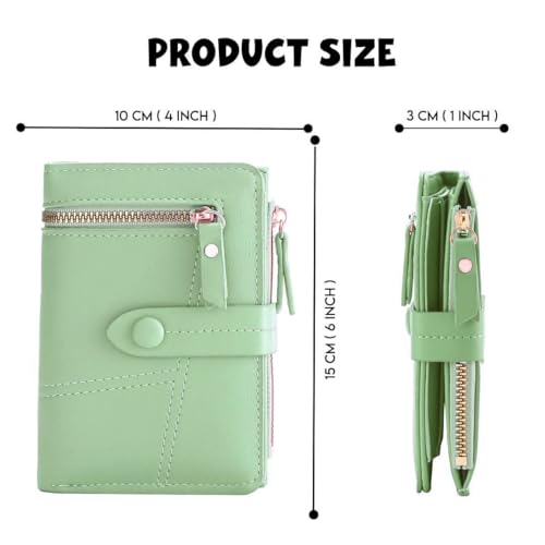 Elios Women's Wallet Vegan Leather Bifold Small Card Holder Coin Holder Compact Ladies Purse with 12 Card Slots, Zipper Pocket and RFID Blocking | Snap Closure | Mini Purse for Women (Light Green) - Image 2