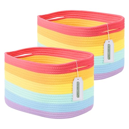 ECDYQXVU Cotton Rope Storage Basket 15x10x9 Inches Woven Basket for Shelves Clothes Towels Books and Laundry Rainbow 2 Pack - Image 1