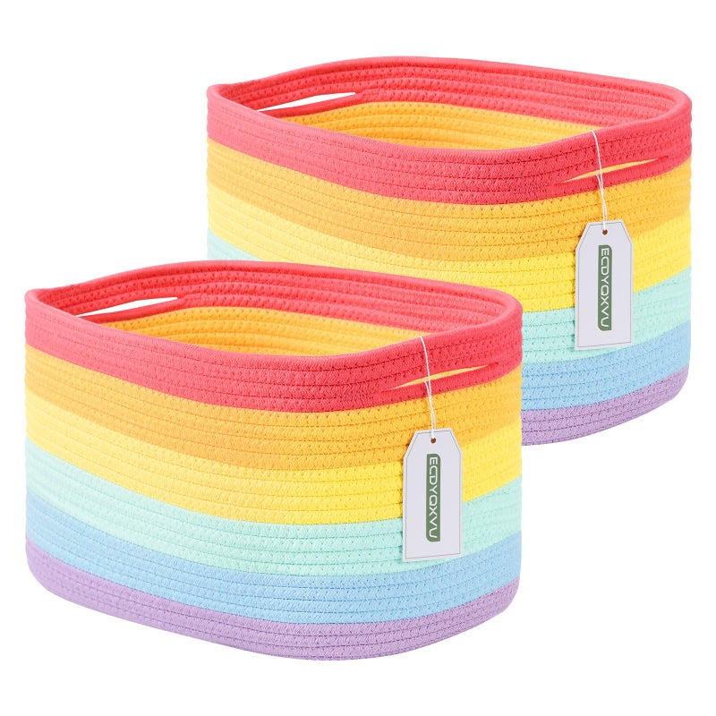 ECDYQXVU Cotton Rope Storage Basket 15x10x9 Inches Woven Basket for Shelves Clothes Towels Books and Laundry Rainbow 2 Pack - Image 2
