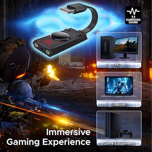 ANT Esports بطاقة صوت USB للألعاب من Ant Esports 7.1، محول صوت ستيريو خارجي 7.1 قناة، جاك ميكروفون 3.5 مم لسماعة الألعاب، سماعات الأذن، PS4، لابتوب، سطح مكتب، ويندوز، ماك OS، لينوكس، توصيل وتشغيل - Image 3