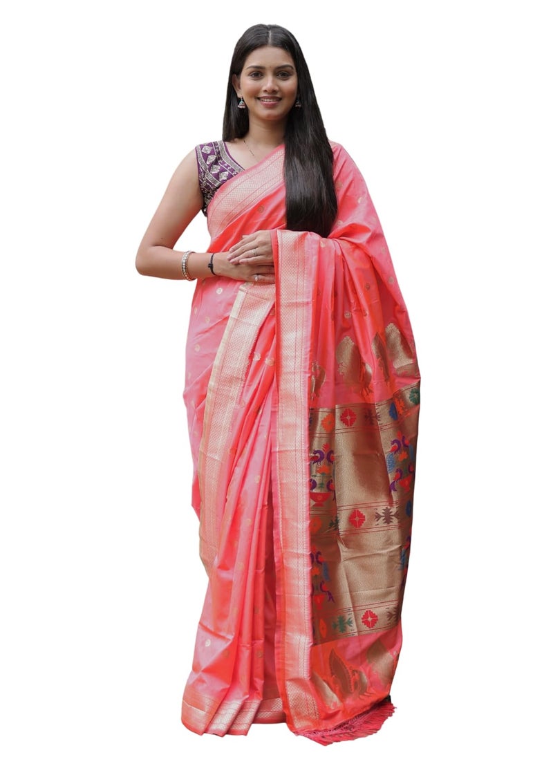 AMIRAT Women's Paithani Silk Saree with Woven Zari | Sari for Women | Kanjivaram Silk Sarees With Blouse (Peach) - Image 1