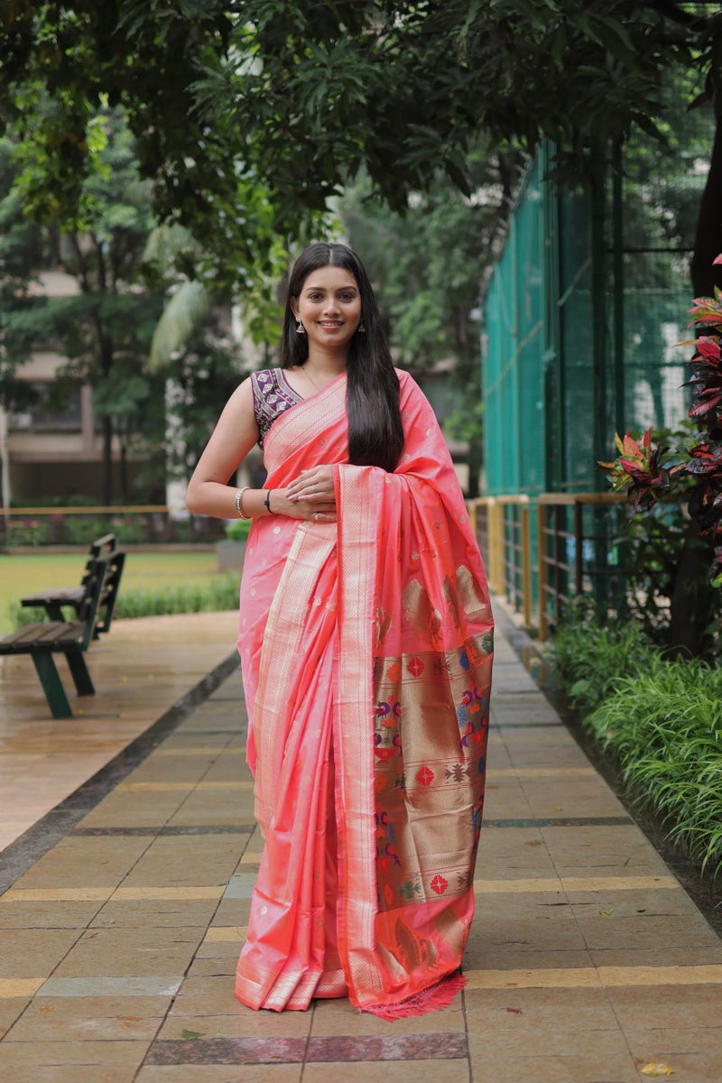 AMIRAT Women's Paithani Silk Saree with Woven Zari | Sari for Women | Kanjivaram Silk Sarees With Blouse (Peach) - Image 2